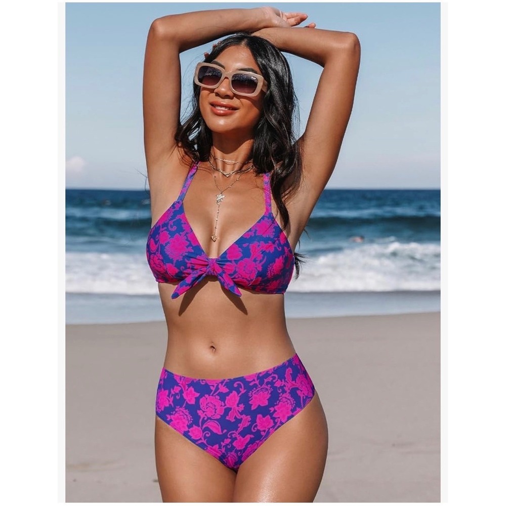 Cupshe Purple Pink Floral Knot Front High Waisted Bikini Set L